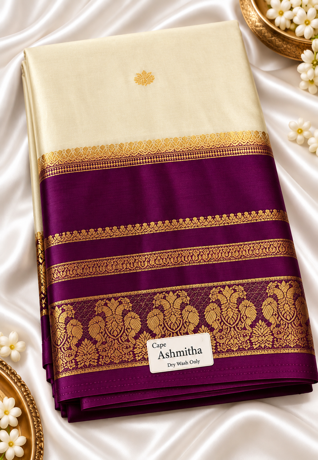 Cream & Purple Premium Soft Silk Saree with Rich Gold Zari Border