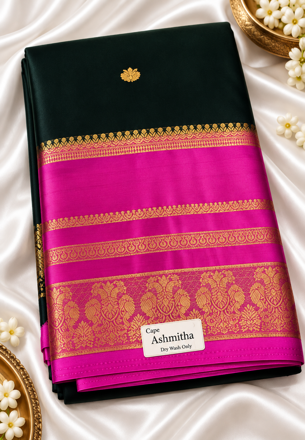 Green & Rani Pink Soft Silk Saree with Rich Gold Zari Border
